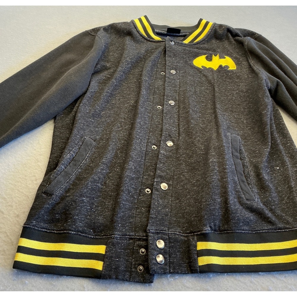 Batman Letterman Varsity‎ Jacket Snap Front Grey Yellow Logo Mens XL Sporty